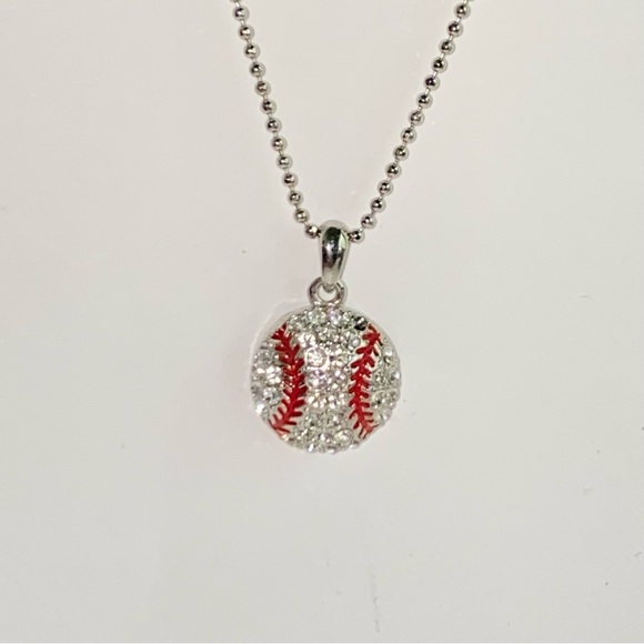 Clear Crystal Baseball Pendant on Silvertone Ball Chain Necklace - Picture 1 of 10